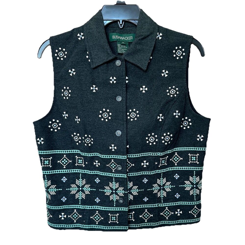 VTG Bushwacker Vest Womens Med Embroidered Christmas Holidays Snowflake Cabin